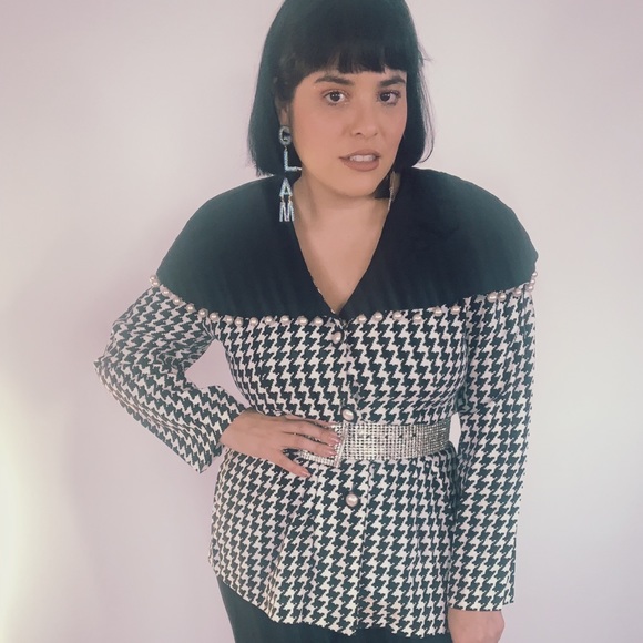 Vintage Houndstooth Pearl Drops Blazer Blouse - Picture 2 of 8